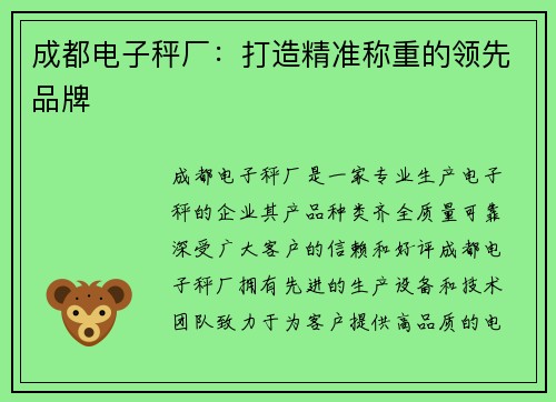 成都电子秤厂：打造精准称重的领先品牌